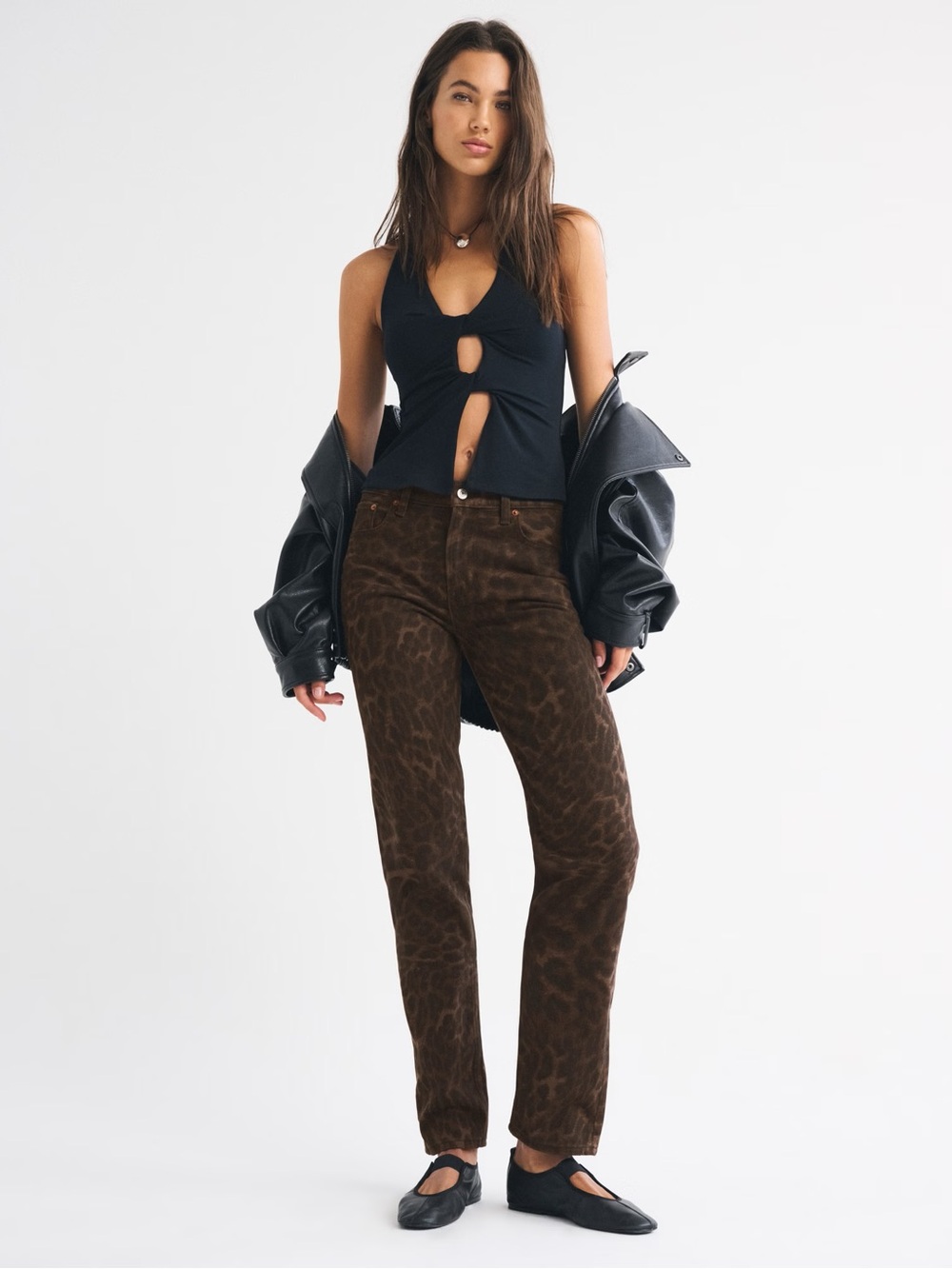 Abercrombie & Fitch Women’s Straight Leg Jeans in Black with Brown Leopard Print